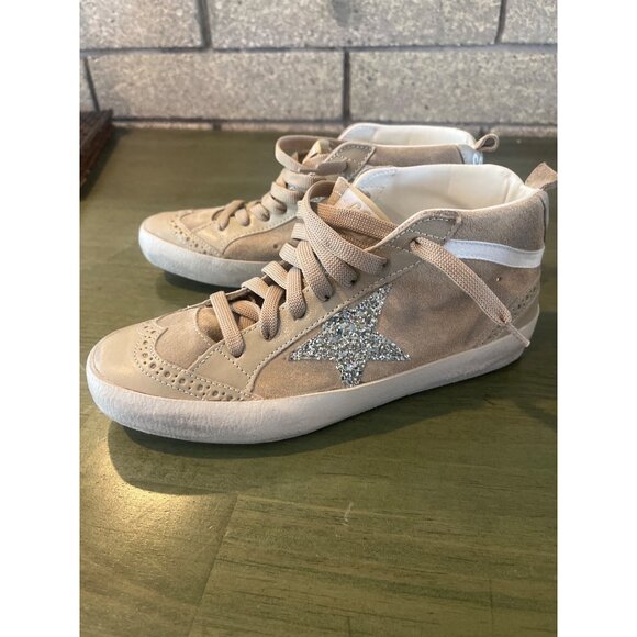 Golden Goose Shoes - Golden Goose Mid Star Beige Glitter Sneakers Womens Suede & Leather NWOT